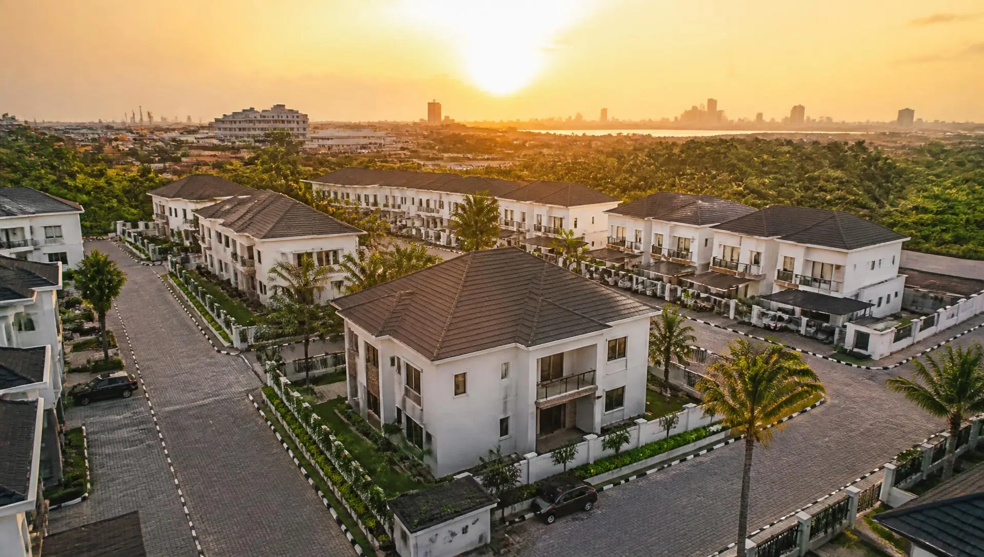 Aerial view of a modern Nigerian residential estate at sunset